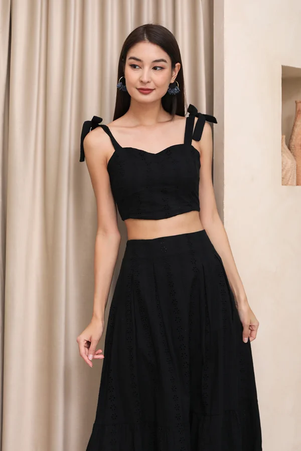 Seeking Saturation Eyelet Panels Curve Crop Top Black