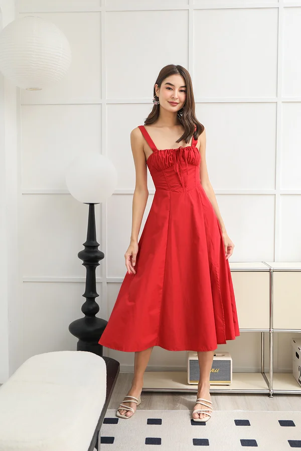 Solid Santorini Skies Laceup Back Midi Dress Red