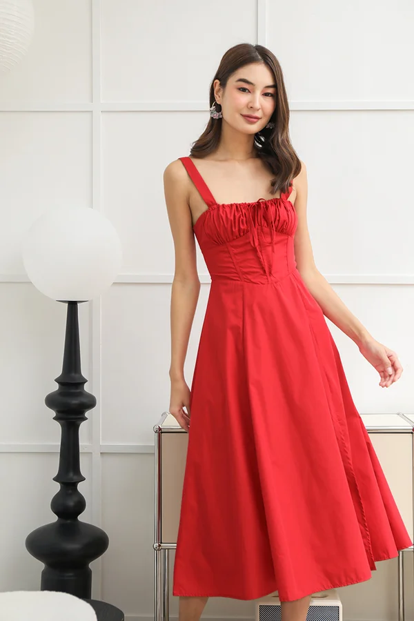 Solid Santorini Skies Laceup Back Midi Dress Red