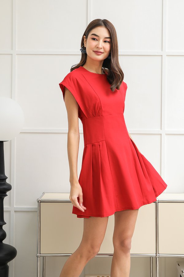 Artfully Pintucked Side Pleats Linen Dress Red