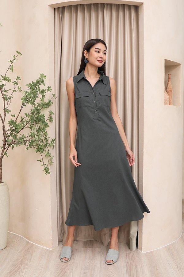 Grey Graces Linen Maxi Shirt Dress