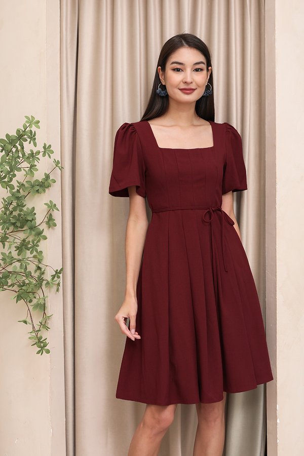 Pleats Personality Panel Dress Burgundy Red