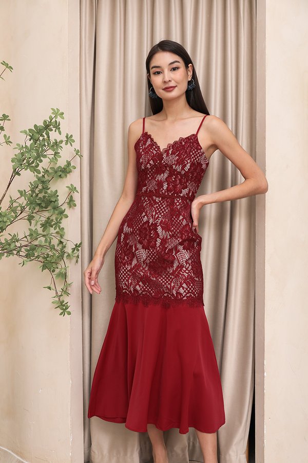 Sveltely Swoon Lace Mermaid Fishtail Midi Dress Burgundy Red