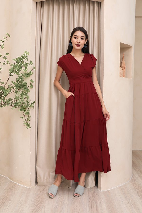 Kimono Keepsakes Tiers Maxi Dress Burgundy Red