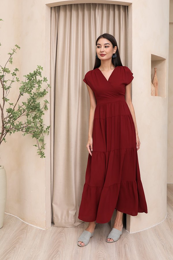 Kimono Keepsakes Tiers Maxi Dress Burgundy Red