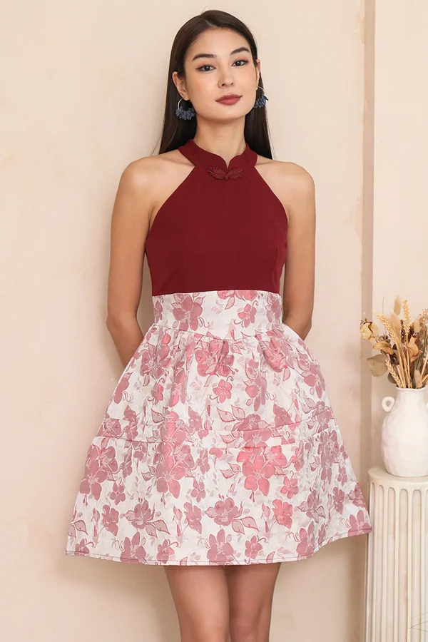 Jacquard Renaissance Florals High Neck Qipao Dress Burgundy Red