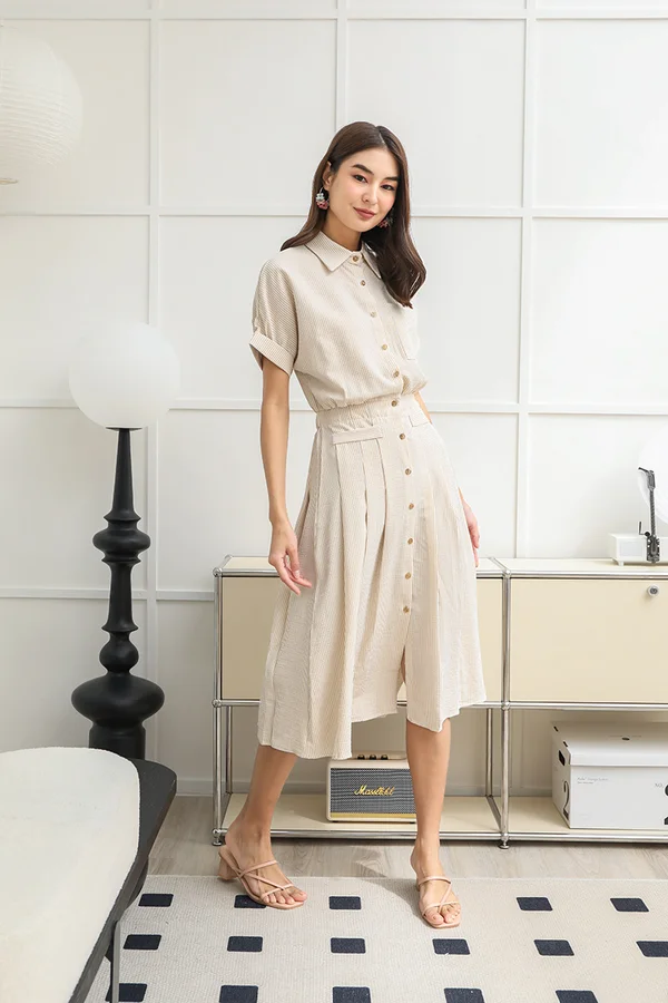 Starlet Stripes Power Pleats Package Midi Shirt Dress Oatmeal