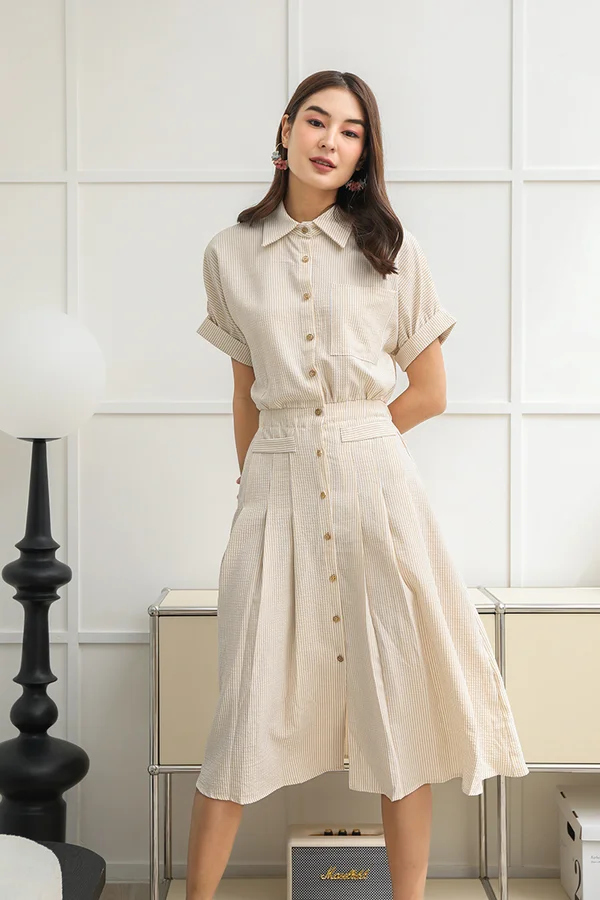 Starlet Stripes Power Pleats Package Midi Shirt Dress Oatmeal