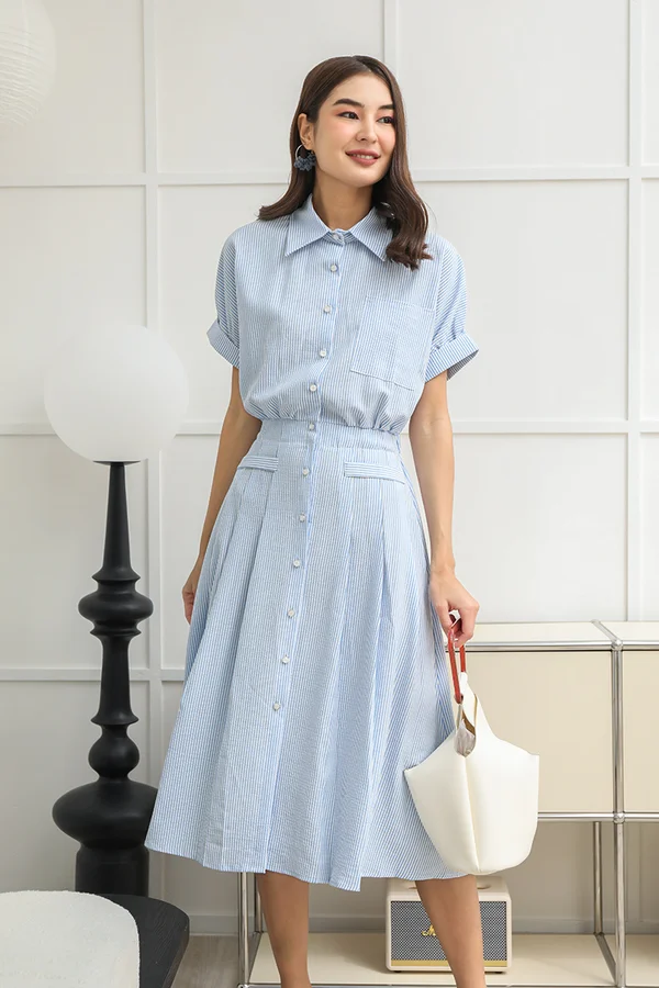 Starlet Stripes Power Pleats Package Midi Shirt Dress Blue