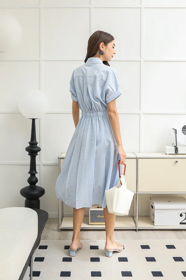Starlet Stripes Power Pleats Package Midi Shirt Dress Blue