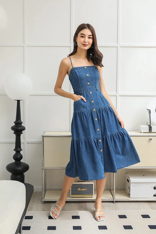 Buttoning Out Tiers Denim Midi Dress Midwash