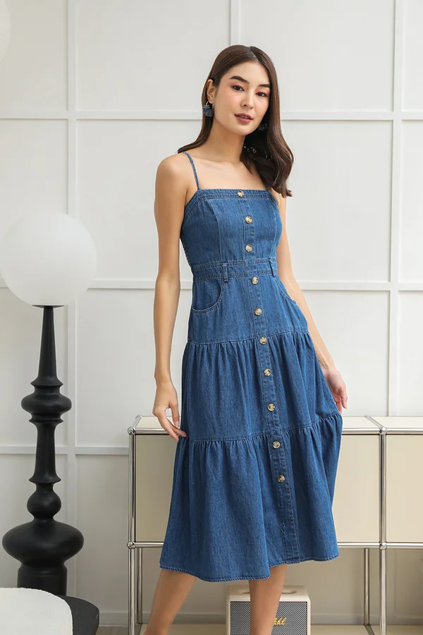 Buttoning Out Tiers Denim Midi Dress Midwash