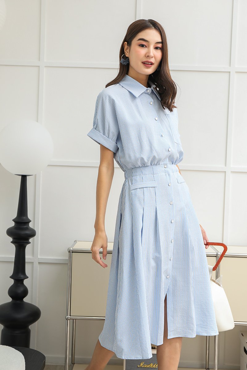 Starlet Stripes Power Pleats Package Midi Shirt Dress Blue | lechicsg