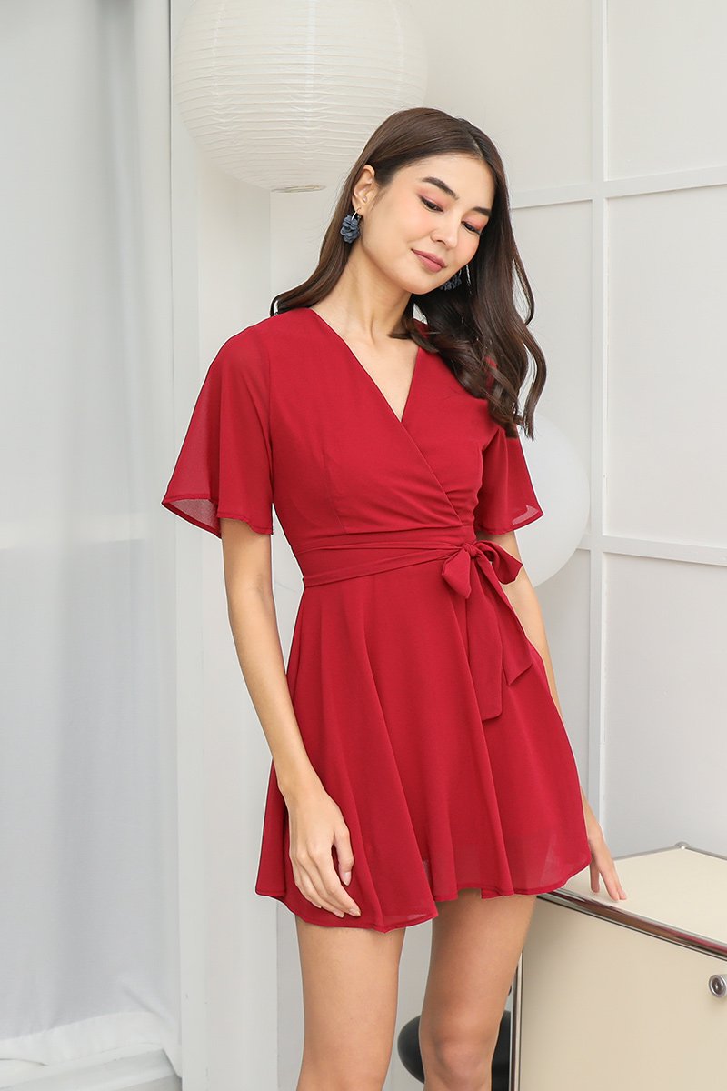 Red kimono wrap store dress