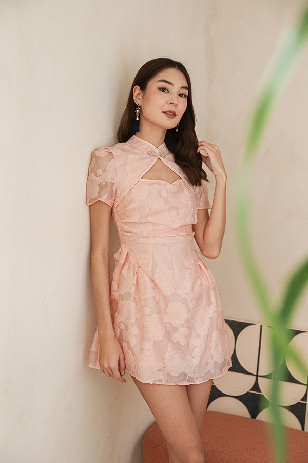 Storied Elegance Tonal Ruched Cheongsam Dress Pink