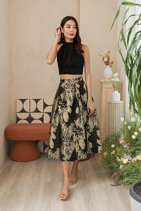 Prancing Florals Gilded Jacquard Midi Skirt