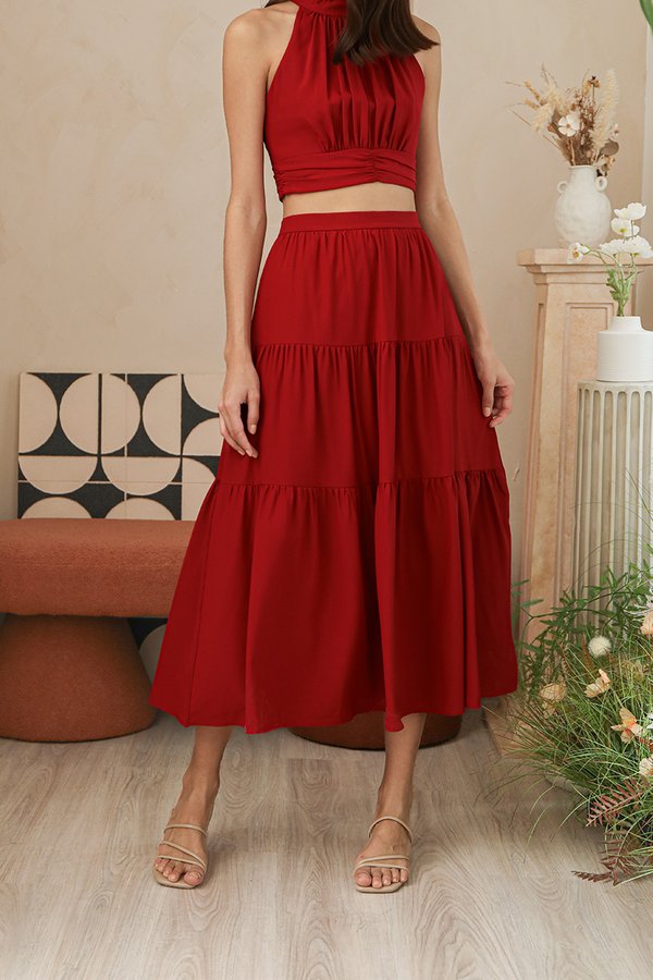 High Hitting Notes Gathered Tiers Midi Skirt Burgundy Red