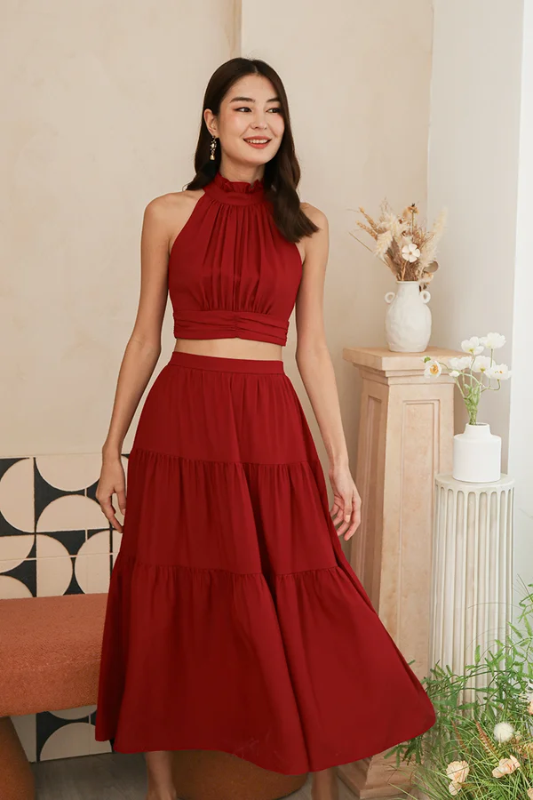 High Hitting Notes Gathered Tiers Midi Skirt Burgundy Red