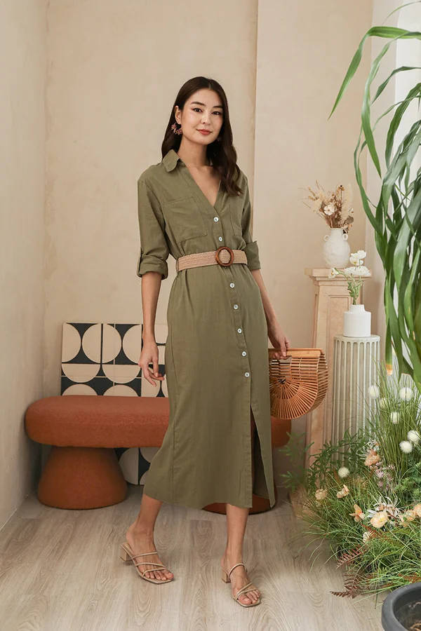 Conjuring Chambray Charm Linen Maxi Shirt Dress Olive Green