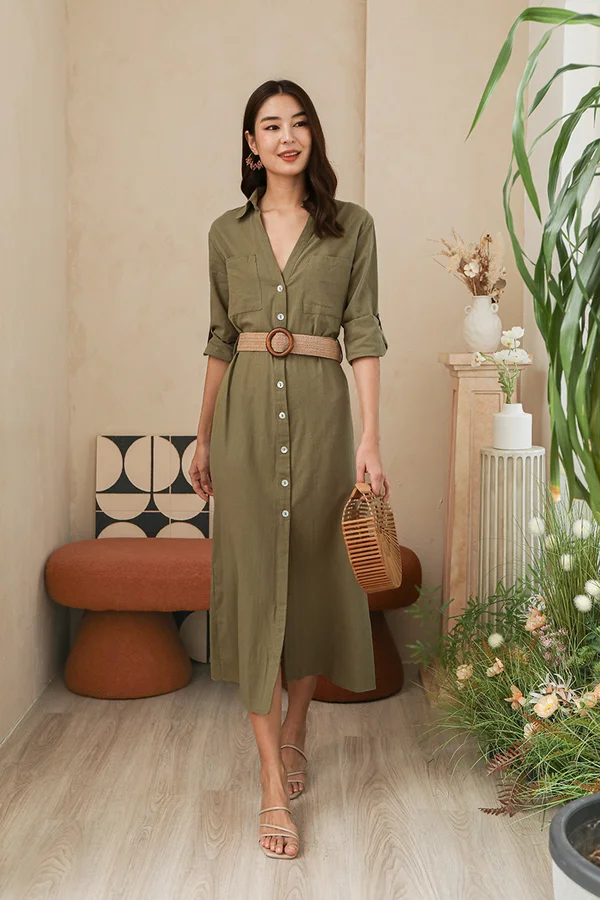 Conjuring Chambray Charm Linen Maxi Shirt Dress Olive Green