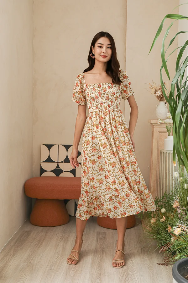 Porcelain Sensibility Smocked Slit Midi Dress Ochre