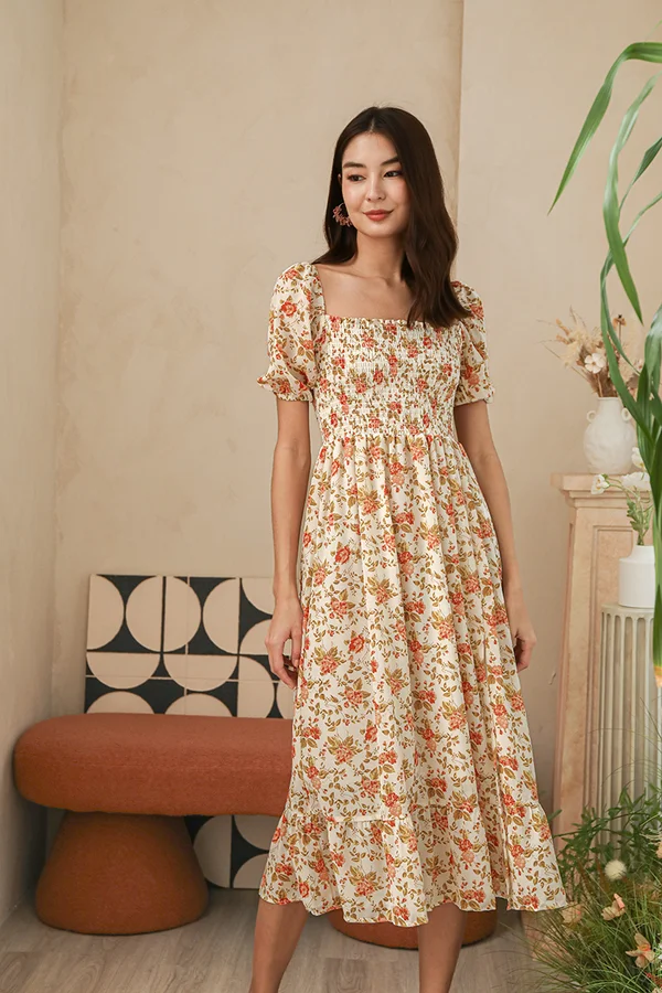 Porcelain Sensibility Smocked Slit Midi Dress Ochre
