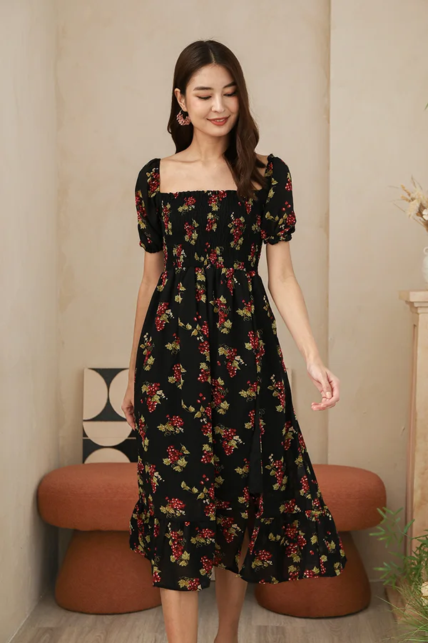 Porcelain Sensibility Smocked Slit Midi Dress Black