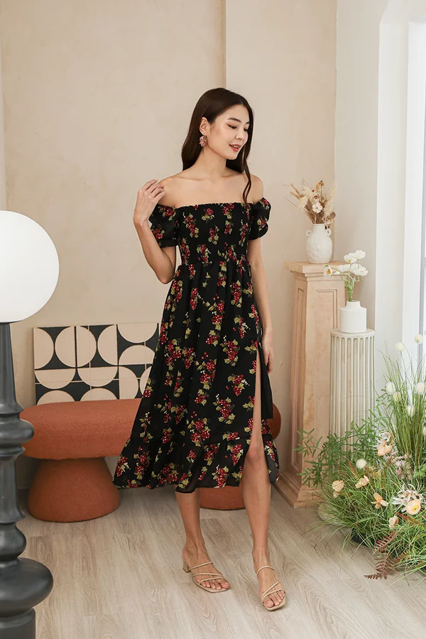 Porcelain Sensibility Smocked Slit Midi Dress Black