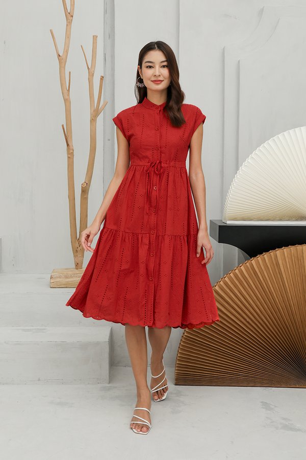 Fabrique Romantique Broderie Tier Midi Shirt Dress Coral Red