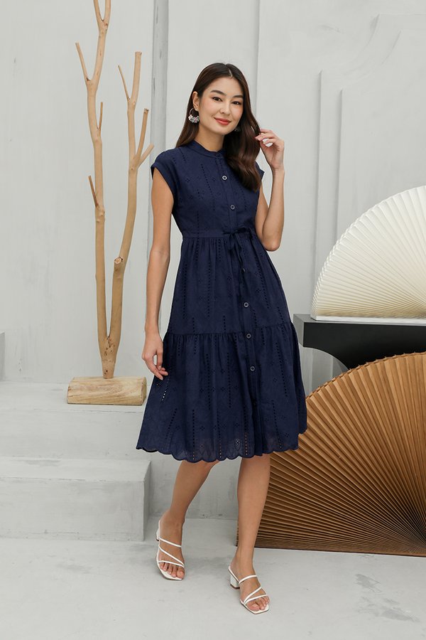 Fabrique Romantique Broderie Tier Midi Shirt Dress Navy Blue
