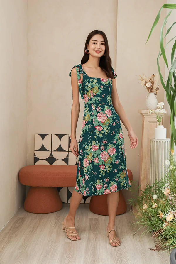 Peonies Amid Lush Greenery Floral Midi Dress