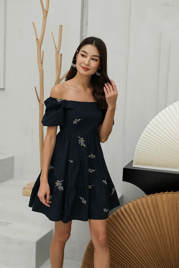 Fleurs de Provence Tiers Broderie Dress Navy Blue