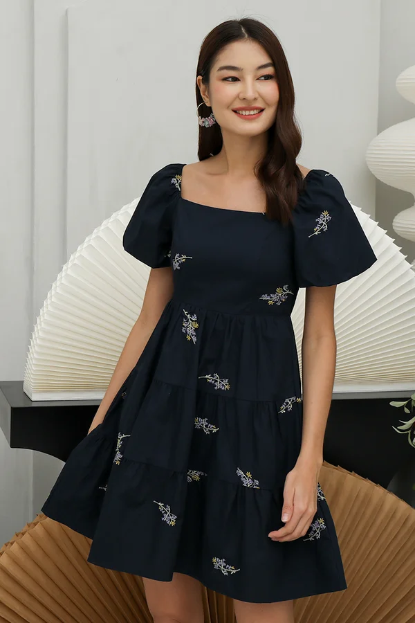 Fleurs de Provence Tiers Broderie Dress Navy Blue
