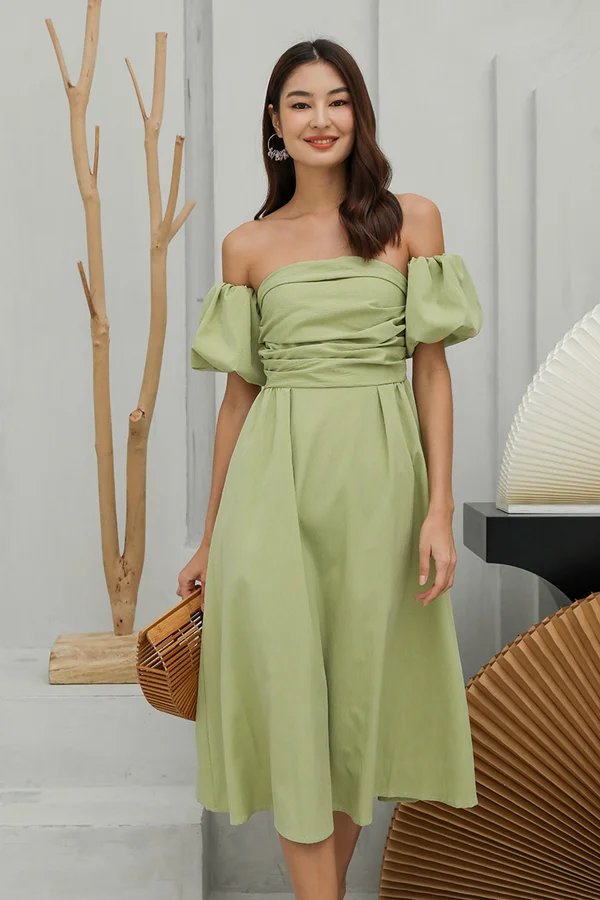 Stirringly Shirred Swing Midi Dress Pistachio Green