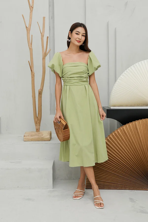 Stirringly Shirred Swing Midi Dress Pistachio Green