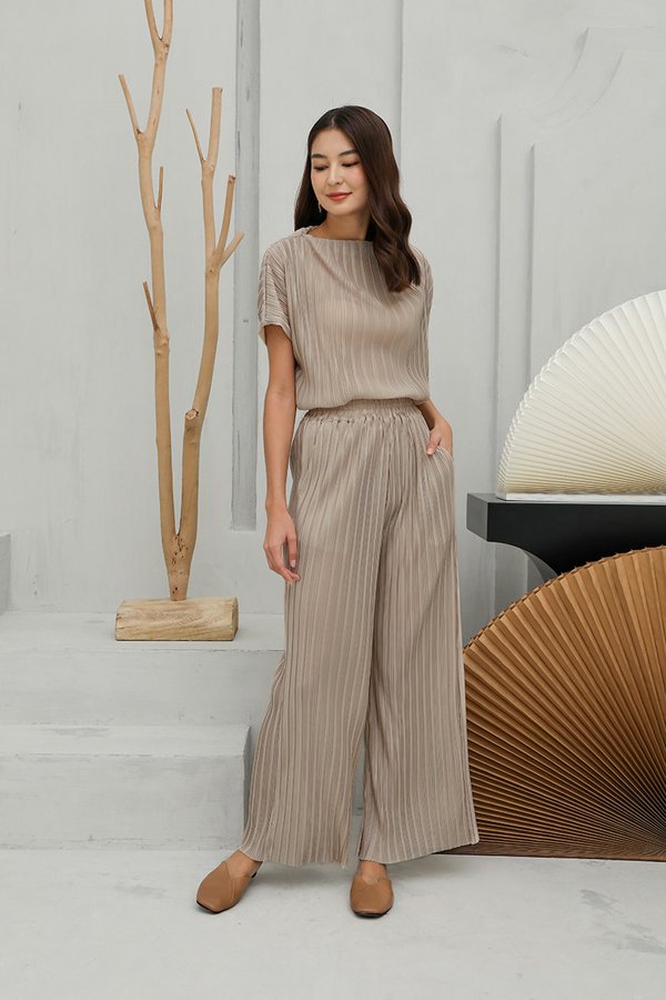 Scintillating Depth Pleats Boatneck Wide Top Taupe