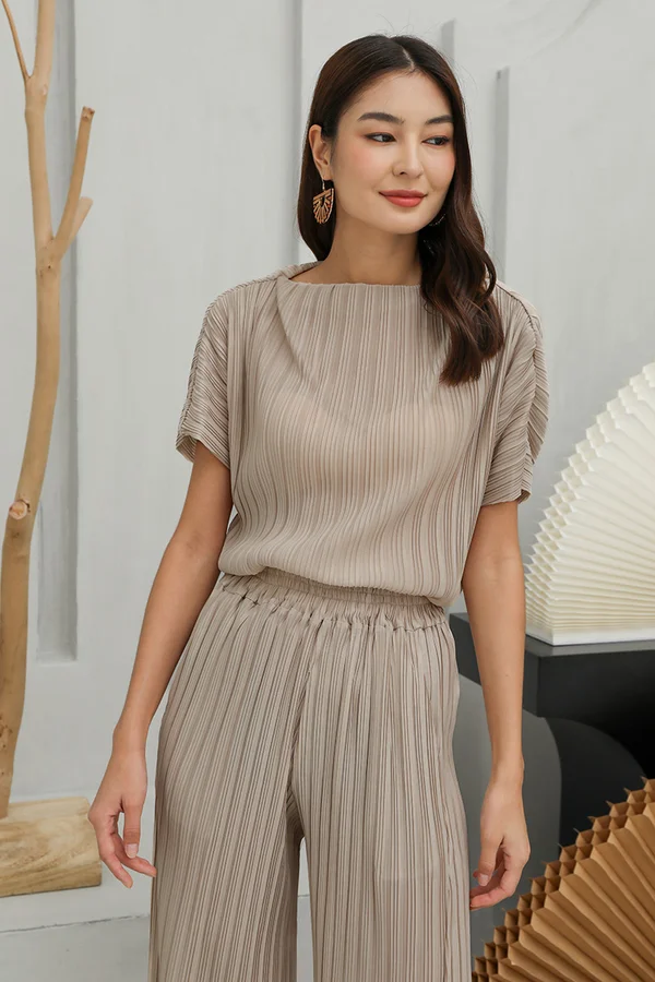 Scintillating Depth Pleats Boatneck Wide Top Taupe