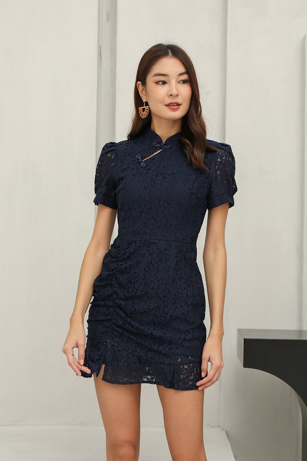 Laces Asplendour Ruched Cheongsam Dress Navy Blue