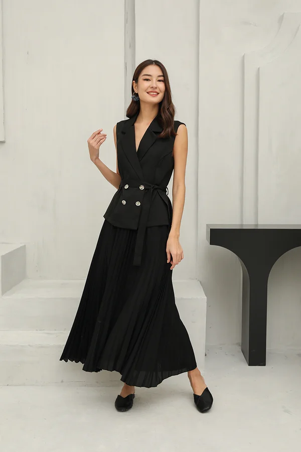 Waisted Pleated and Bonded Hybrid Vest Maxi Dress