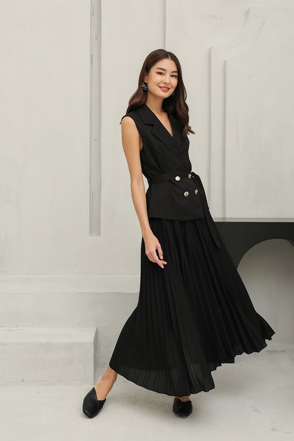 Waisted Pleated and Bonded Hybrid Vest Maxi Dress