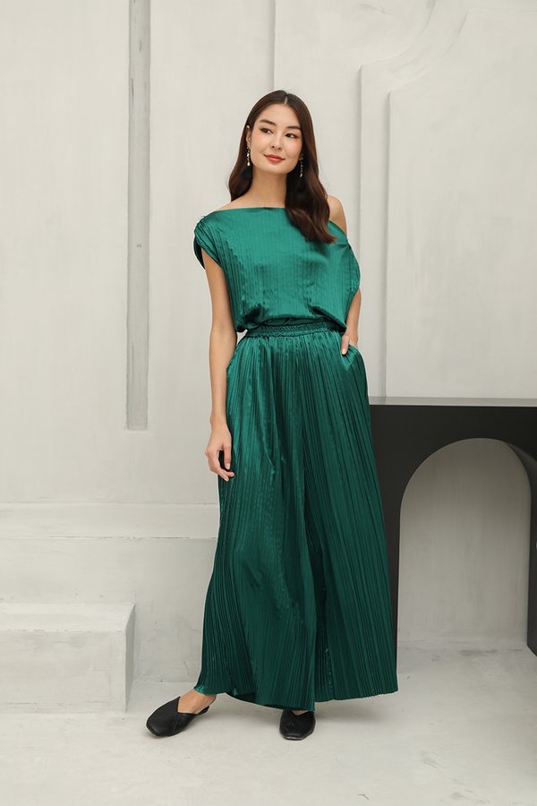 The High Life Plisse Pleat Palazzo Pants Forest Green