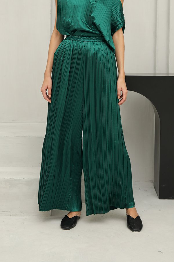 The High Life Plisse Pleat Palazzo Pants Forest Green