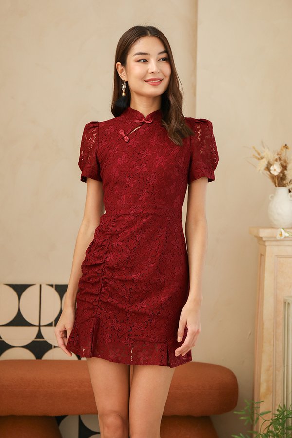 Laces Asplendour Ruched Cheongsam Dress Burgundy Red
