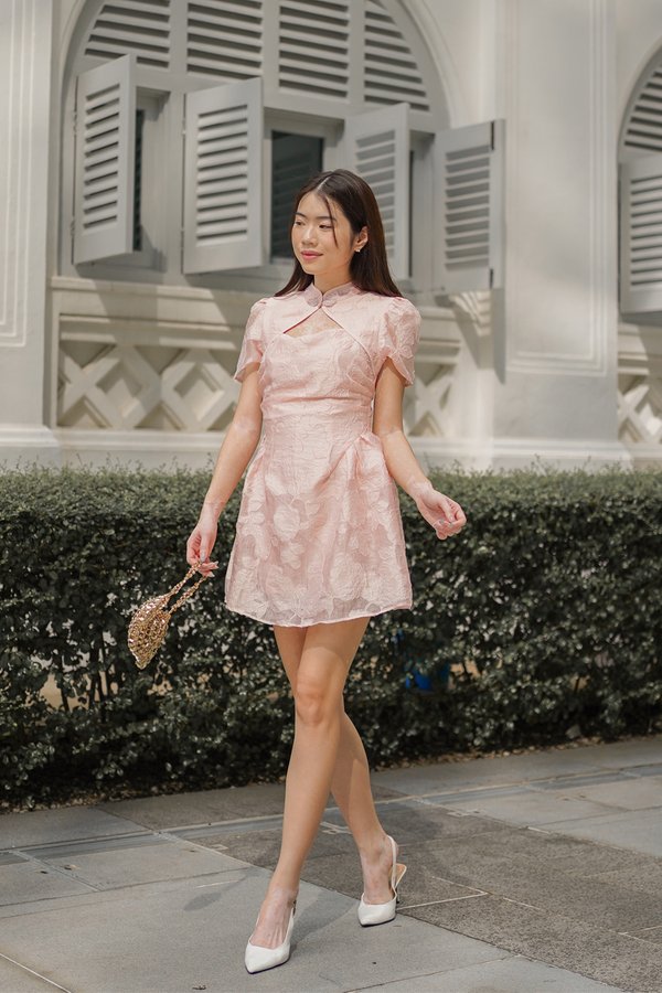 Storied Elegance Tonal Ruched Cheongsam Dress Pink