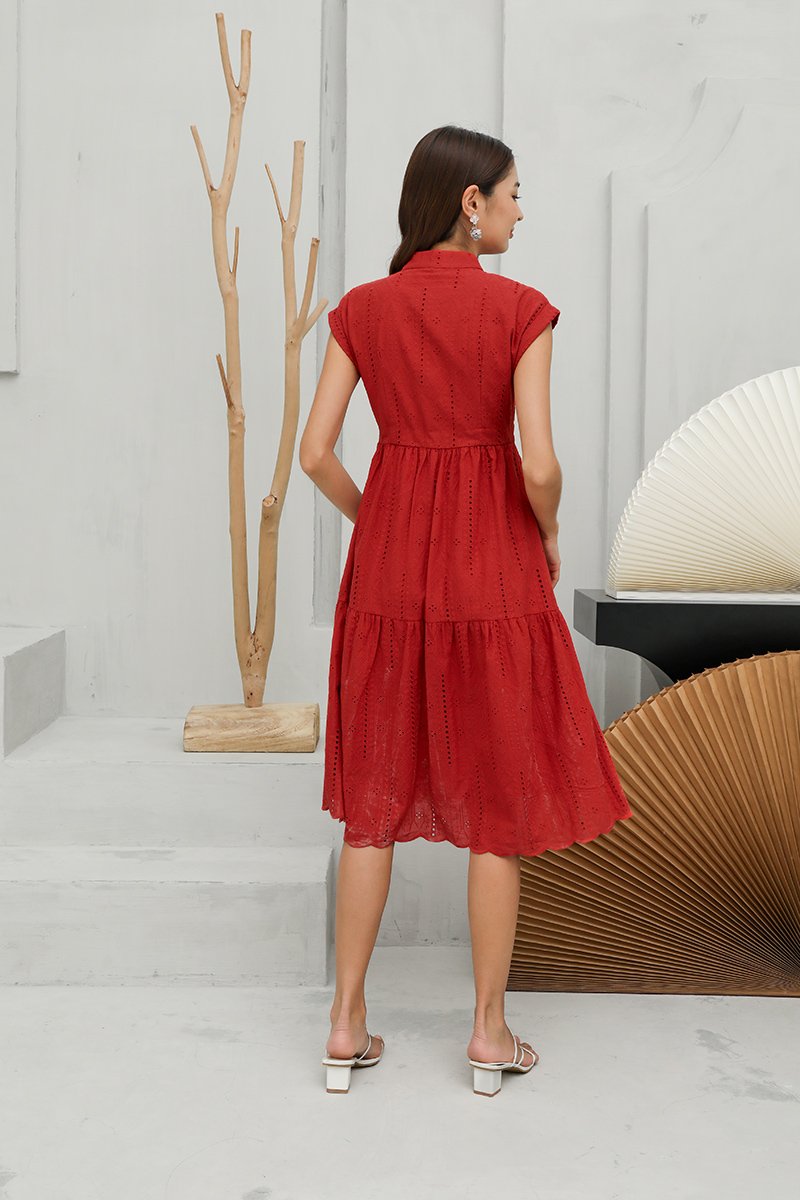 Fabrique Romantique Broderie Tier Midi Shirt Dress Coral Red | lechicsg