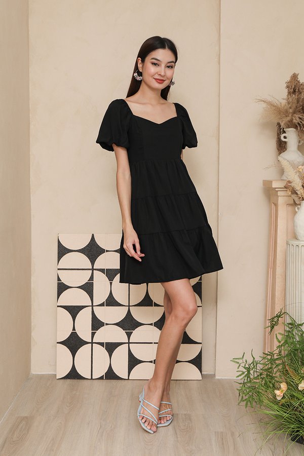 Tiering Dalliance Bubble Sleeve Dress Black