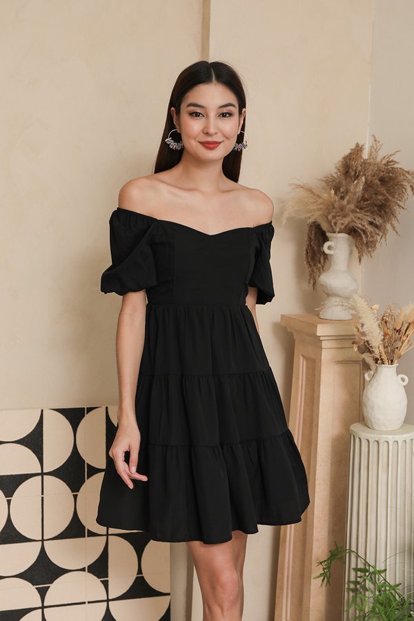 Tiering Dalliance Bubble Sleeve Dress Black