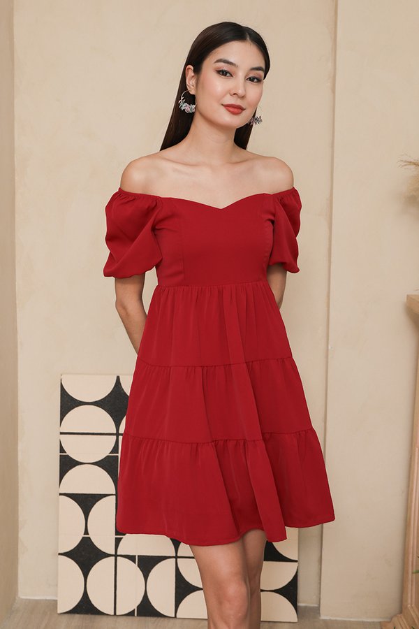Tiering Dalliance Bubble Sleeve Dress Red