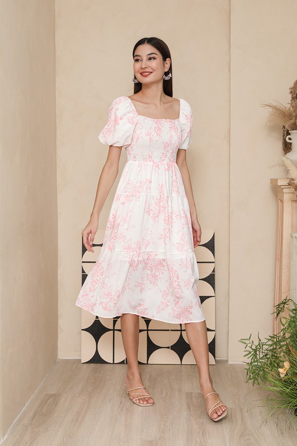 Fine Feathered Toile Smocked Tier Midi Dress Pink