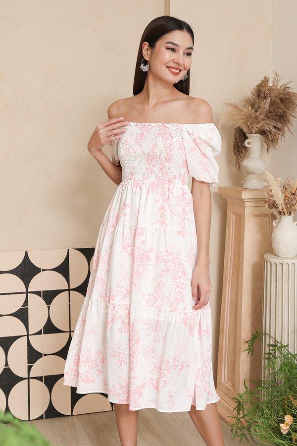 Fine Feathered Toile Smocked Tier Midi Dress Pink